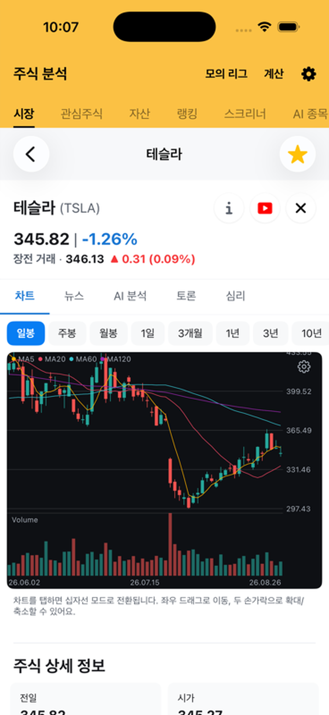 종목 상세 — 시세와 캔들 차트